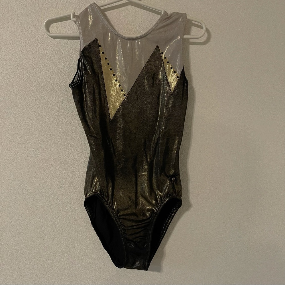 GK Elite Competition Black Gold Silver Rhinestones Tank Leotard. Adult XS